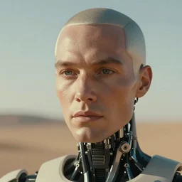 realistic humanoid robot, mesh, skin, facial features, close up, desert background, shot by denis villeneuve, blade runner 2049 style, cinematic lighting