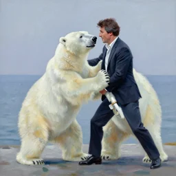palette knife oil painting of pierre trudeau wrestling a polar bear