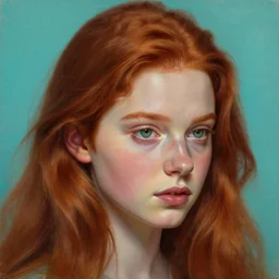 hyper realistic painting portrait of a redhead girl looking down, with beautiful green eyes, hyper detailed face by stjepan sejic, by norman rockwell, by michael hussar, by roberto ferri, by ruan jia, textured turquoise background