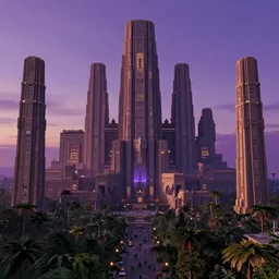 Cyber space forest scene, Giant Aztec space city, purple sunset lighting, intricate details ,by denis villeneuve, Ridley Scott, Greg Rutkowski and Alphonse Mucha