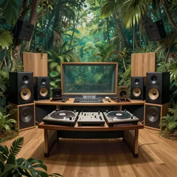 a dream recording studio with turntables and large speakers in the jungle, by james gurney, equirectangular projection 360 panoramic