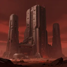 concept art by greg rutkowski, desolate space colony exterior, megalithic brutalist buildings, harsh environment, reddish lighting, depressing atmosphere, scifi, highly detailed portrait, digital painting, artstation, concept art, smooth, sharp foccus ilustration, artstation hq