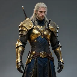 geralt of rivia new costume concept design with metal sholders and ornaments on the armor, witcher wild hunt, fashion, colors with gold and dark blue, concept art, by artgerm, greg rutkowski, cinematic light, featured on artstation, octane render, sharp focus, ray tracing, artstationhq, cgsociety, 8 k.