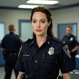 ( ( ( ( portrait ) ) ) ) angelina jolie wearing a police uniform!!, backround : police station interior!!!!! by charlotte grimm, studio light, detailed face, canon eos c 3 0 0, ƒ 1. 8, 3 5 mm, 8 k, medium - format print, half body shot