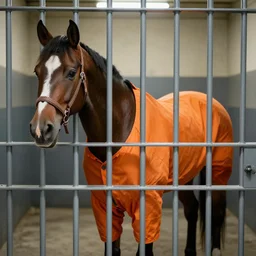 horse with orange inmate clothes, in a jail