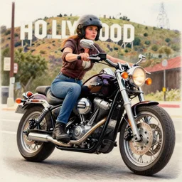 a closeup photorealistic colored pencil sketch of Jane Seymour riding a motorcycle through Hollywood during sundown This 4K HD image is Trending on Artstation, featured on Behance, well-rendered, extra crisp, features intricate detail and the style of Unreal Engine.