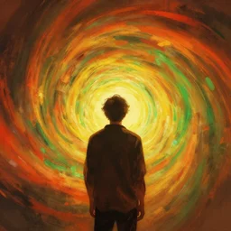 Behind the troubled indecisive man was The portal into his imagination containing a swirling vortex of memories and ideas.  High concept art. Introspective. Red orange yellow green themed.