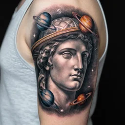 renaissance head with planets tattoo design, hyper - realistic, in the style of tony santos