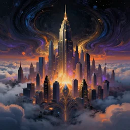 psychdelic city dreamworld in the clouds, surrealist and abstract digital art trending on artstation by artist Rob Gonsalves and Mark Riddick supreme peace immense knowledge black blue gold orange purple dmt art