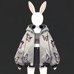 concept art of a bunny girl wearing a big jacket with butterfly patterns, butterfly inspired japanese harajuku street fashion, gapmoe yandere grimdark, butterfly trending on pixiv fanbox, painted by greg rutkowski makoto shinkai takashi takeuchi studio ghibli, akihiko yoshida