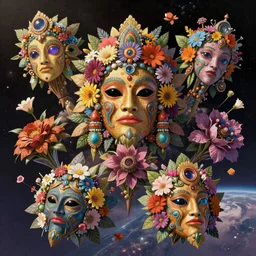 An epic fantastic realism comic book style painting of the most beautiful flowers launched into space, bouquets, Shamanic Mask made of flowers, fisheye lens, unreal 5, DAZ, hyperrealistic, octane render, dynamic lighting