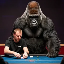 A photograph of daniel negreanu playing poker next to a giant gorilla, long shot, 8K HD, shot by sony a7 IV