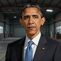 Digital state-sponsored anime art of Barack Obama by A-1 studios, serious expression, empty warehouse background, highly detailed, spotlight