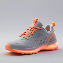realistic 8 k sculpture of one futuristic sneaker with neon illuminated rubber soles and soft orange laces on a grey surface, clean 3 d render, beautiful studio lighting, soft, sharp focus, cyberpunk, intricate detail, gold and red filigree, soft rubber, octane render, trending on artstation, deviantart, art by wright and syd mead and mullins