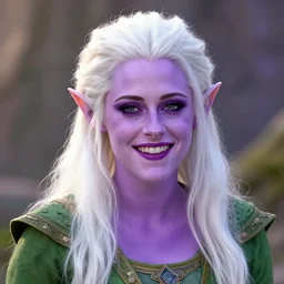 Kristen Stewart as a smiling Elf wizard with white hair and purple skin. Photorealistic digital art trending on artstation, artgem, 4k HD.