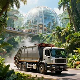 movie still frame, garbage collection truck of a luxurious futuristic city glass dome inside a lush jungle, bridges with tourists, beautiful composition, sunny, steam, 8 k, cgi, by ridley scott, james cameron, zack snyder and michael bay