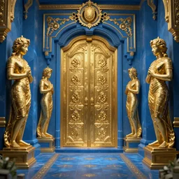 path, door, statues, gold, blue lighting, fantasy, digital art, HD, detailed, 4k