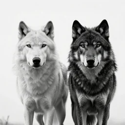 two wolves black and white portrait white sky in background
