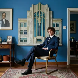 a posthuman cyborg in their apartment sitting down at a chair, Josan Gonzalez, maximalist, art deco architecture, socialist realism, blue