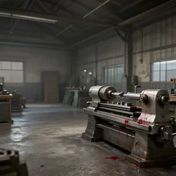game cg, inside a big empty work shop, a lathe in the corner on the right for processing parts, blood stains on the lathe. artstation trending, unreal engine, hyperdetailed, 4 k