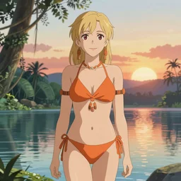 beautiful blond woman in orange tribal bikini, blond hair pulled back, by makoto shinkai, 8 k, high resolution render, cinematic, sunset, lake, prehistoric jungle, unreal engine, clean lineart and flat color,