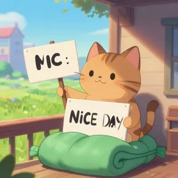 a cat holding a sign that wishes a nice day, fields, cityscape, balcony, waist up, pixar and disney animation, sharp, rendered in unreal engine 5, anime key art, camping, sleeping bag