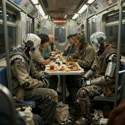 detail image of homeless robots in torn clothes by dinner in subway car full of garbage, dramatic lighting, highres textures, ambient occlusion, volumetric lighting, octane render, unreal engine 5, frame from movie of weta digital, ilm, digital domain, raytracing