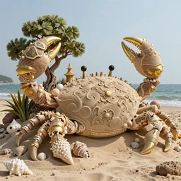 ornate sand sculpture on the beach made of elaborate sea shells, gold accents, seaweed trees, crab claw turrets, insane detail, luxury, intricate carving, intricate lines, Zbrush, 3D sculpture, 8K