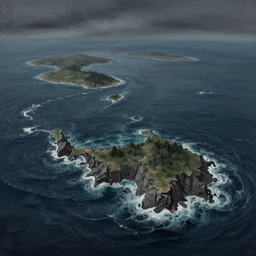 tenebrous gouache this is a land on an unforgiving world of churning oceans and jagged coastlines. every habitable island is situated somewhere along the planet's equator where the weather is still volatile but more hospitable than any points to the north or south