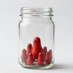 A photo of a glass jar with a small civilization of red creatures in it, clean background, realistic,masterpiece