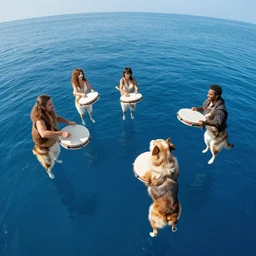 Floating korgis playing the tambourine over a blue ocean, Darek Zabrocki, Karlkka, Jayison Devadas, Phuoc Quan, trending on Artstation, 8K, ultra wide angle, pincushion lens effect.