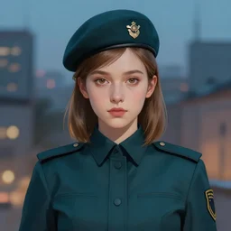 symmetrical portrait bust of young woman with shoulder length light brown hair and hazel eyes dressed in a sharp dark teal military uniform and beret, blurred city background in twilight lighting, ilya kuvshinov, anime, greg rutkowski, guweiz, ross tran, artstation trending, artgerm, concept art, digital painting, painterly