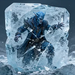 a blue tiefling man frozen in a block of ice and being shattering into a million pieces, block of ice breaking apart, wearing dark cloths, ice block, cracked, destroyed, shattering, breaking, by Tony Sart, detailed, realistic, masterpiece