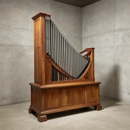 a roman water organ standing on a concrete floor with concrete walls.