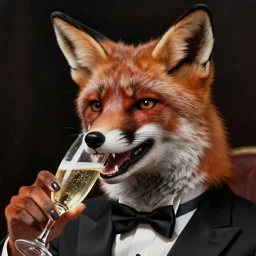detailed portrait fox in a tuxedo drinking champagne, ismail inceoglu dragan bibin hans thoma greg rutkowski alexandros pyromallis nekro rene maritte illustrated, dramatic laughing, dramatic lighting, high contrast, sharp focus, perfect face, fine details, realistic shaded, fine - face, pretty face