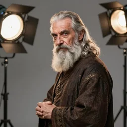 portrait of an old, medieval alchemist in the dark, he is turned to the left side, and looking into the camera maliciously!!. studio lighting bright ambient lighting key light, fantasy, detailed, photorealistic portrait by michael komarck, greg rutkowski, victo ngai, artgerm and j. dickenson