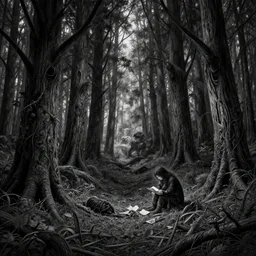 horrifie found dootage of a dark forest, black ans white, intricate, highly detailed, digital painting, artstation, concept art, smooth, sharp focus, illustration, loneliness, great space, greg rutkowski, 8 k, very high resolution, processing, extremely hyperdetailed