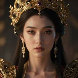 portrait of queen, zoom, close - up, macro, fantasy, rule of thirds, atmosphere, intricate, regal, octane render, arnold render, unreal engine, lumen, symmetrical!!, loreal, maybelline, sephora, loreal, artstation, art by karol bak ( ( cinematic ) ), concept art, filmic, vsco