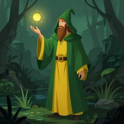 illustration of a pathetic wizard wearing ( green and yellow robes ) holding up a hand standing in a dark swamp, trending on artstation, digital art ( by jesper ejsing ) ( by clint cearley ) ( by raluca marinescu )