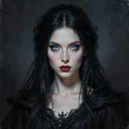 beautiful female wizard, detailed face, blue eyes, black clothing, daughter of death, featured on artstation, 8k highly detailed, intricate oil painting, concept art