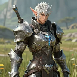 headshot character portrait of a warframe!! in the style of final fantasy xiv!!!, warframe, final fantasy, final fantasy 1 4, final fantasy xiv, realistic shading, realistic lighting, very well detailed, segmented organic armor, standing in a grassy field