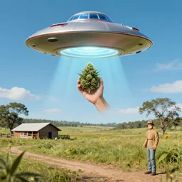 a ufo abducting a marijuana bud in a rural ranch