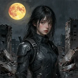 A portrait of a suicidal girl, ruins of a destroyed city and a yellow-red full moon on background, techwear, dark, rainy atmosphere, natural volumetric light, intricate, highly detailed, digital painting, concept art, sharp focus, illustration, art by greg rutkowski, matte painting, trending on artstation