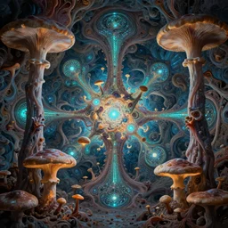 polyphonic symphony of fungal bio - communications inside a surreal 3 d fractal temple made up of organic fungal mushroom and mycelium, bioluminescent surfaces, inspired by benoit mandelbrot, james jean & agostino arrivabene