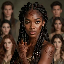 Intricate 3/4 view portrait of a gorgeous dark skinned goddess with decorated braided hair and henna on her cheeks and forehead, realistic character concept, by wlop and and Ross Tran and sam yang and mandy jurgens and viktoria gavrilenko, identical eyes, gazing eyes, beautiful eyes medium shot, elegant pose, fantasy, featured on artstation, cinematic lighting, hyperdetailed, cgsociety, 8k, golden ratio, vfx, postprocessing, alluring