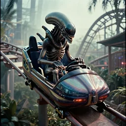 film still of alien!! xenomorph!! riding a roller coaster in the new alien movie, 4 k