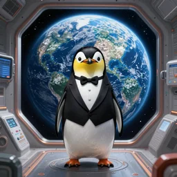 magical penguin in a tuxedo in a space station looking at the earth , realistic cinematic, volumetric lighting, centered, symmetrical, sharp focus, digital painting, mystical art, smooth, trending on Artstation, 4k