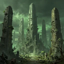 realistic render beautiful lovecraftian city with huge monoliths, trees, green ambient light, dusk, extremely detailed, digital painting, sculpted in zbrush, artstation, concept art, smooth, sharp focus, illustration, chiaroscuro lighting, golden ratio, incredible art by artgerm and greg rutkowski and alphonse mucha and simon stalenhag