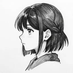 anime girl headshot profile picture, black and white sketch, drawn in ballpoint pen