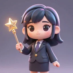 A portrait of a female magical girl wearing a business suit and holding a wand, a cute 3d cgi young woman, full round face, light makeup, pale skin, medium shot, mid-shot, hyperdetailed, iridescent art, 8k, trending on artstation
